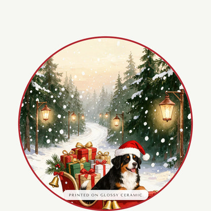 christmas pet portrait – close-up of the print – Delivering Presents Ornament