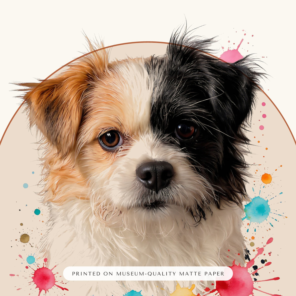 Watercolor Splash Dog Portrait – close-up of the print – Framed Print