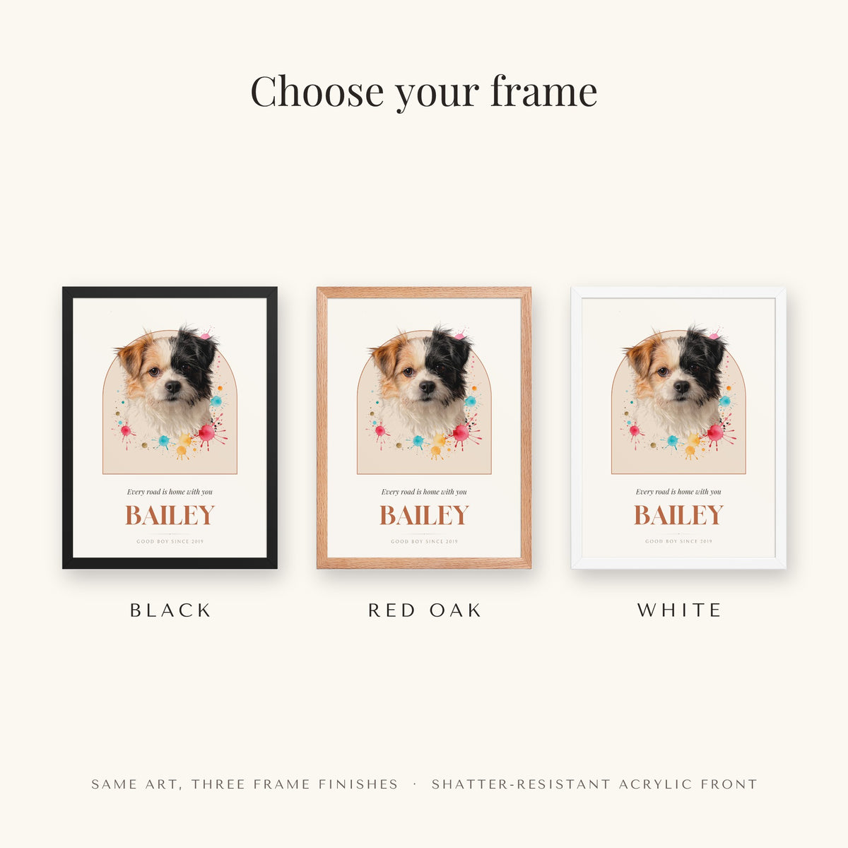 Watercolor Splash Dog Portrait – frame colors – Framed Print