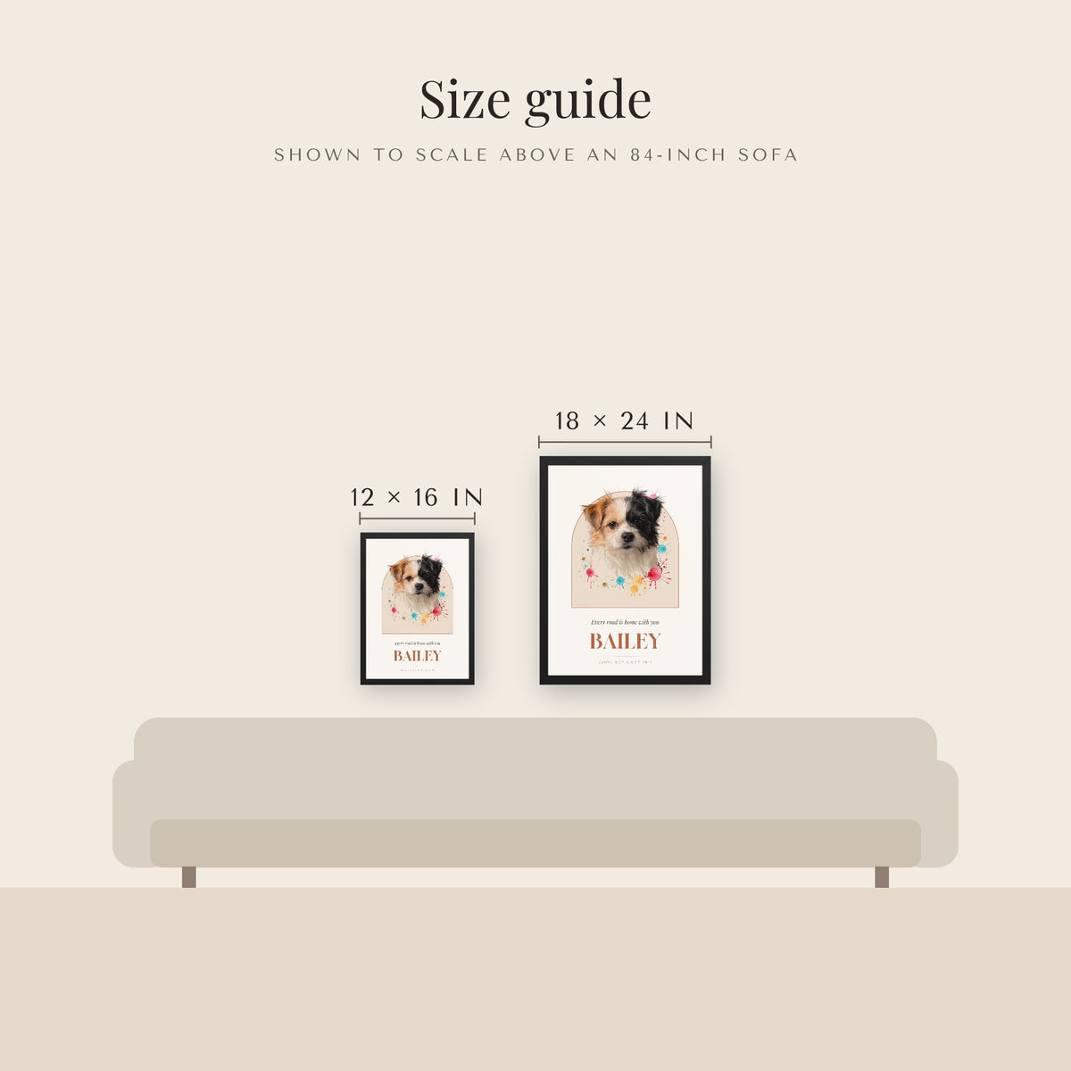 Watercolor Splash Dog Portrait – size guide – Framed Print